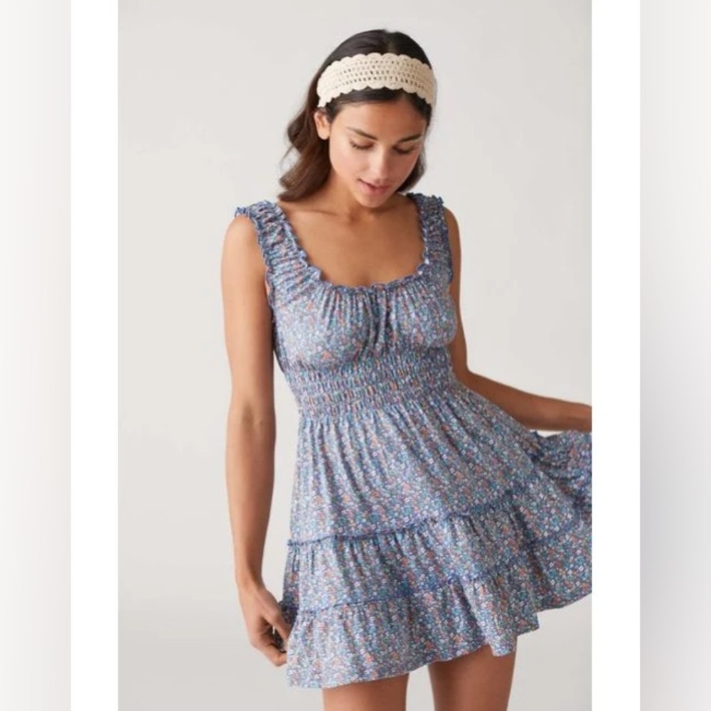 Urban Outfitters Lizzy Smocked Floral Mini Dress, Blue, Size Small